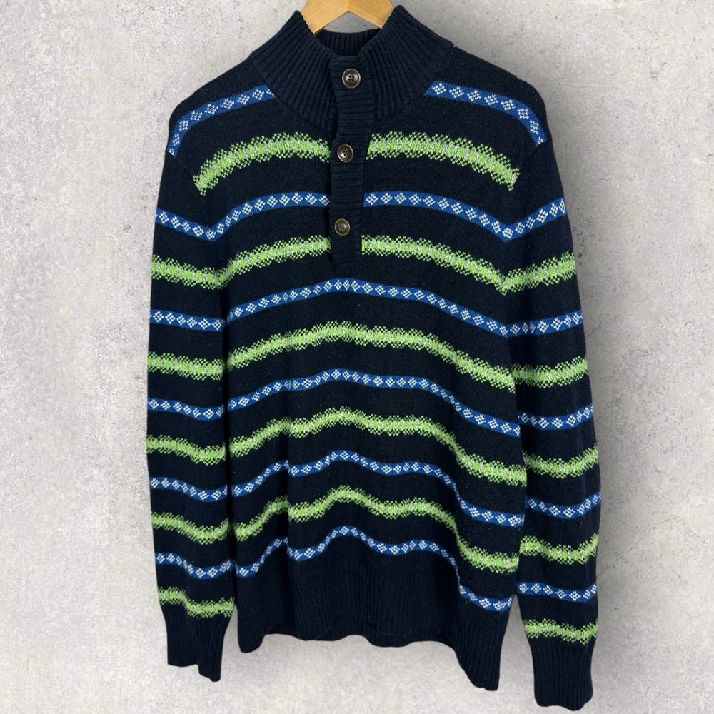 American‎ Eagle Navy Blue Green Striped Sweater Mens Size Large Mock Neck Jumper